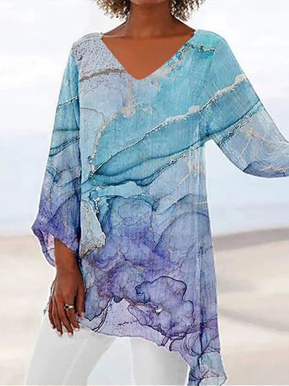 Style Plus Size Women's Summer Casual Loose Irregular Print Long Sleeve V-Neck Top