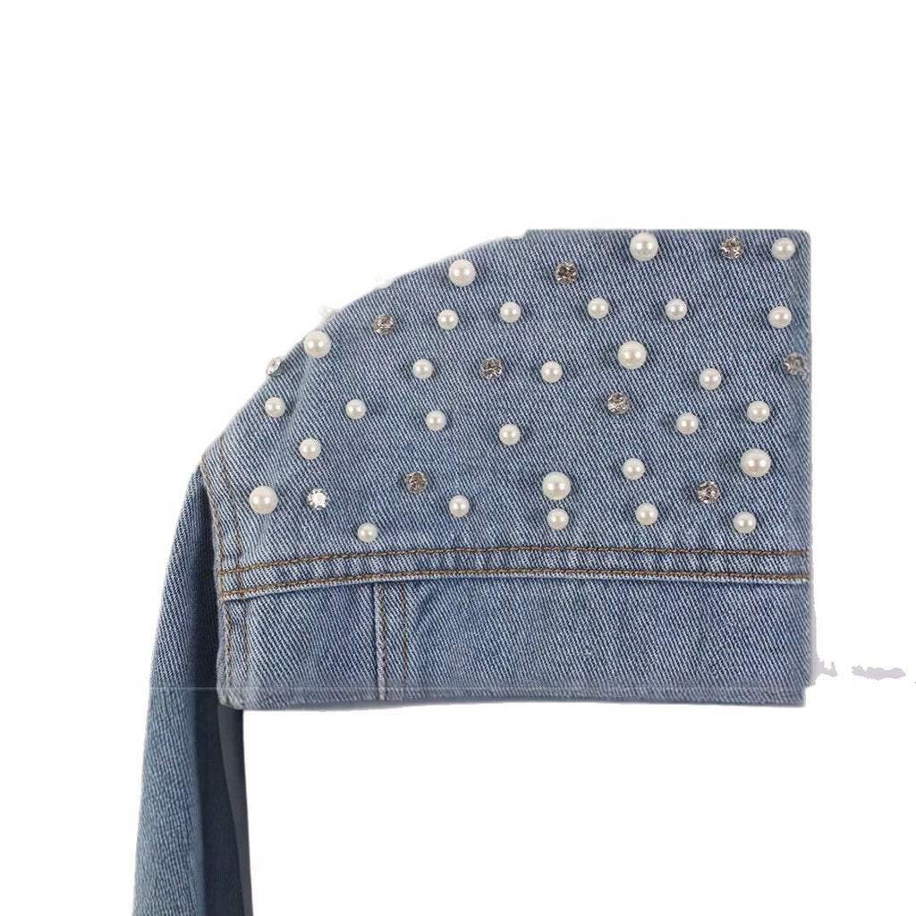 Fashion nail bead short denim jacket women's pearl diamond plus size jacket top