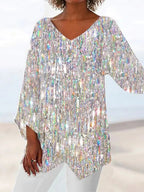 Style Plus Size Women's Summer Casual Loose Irregular Print Long Sleeve V-Neck Top