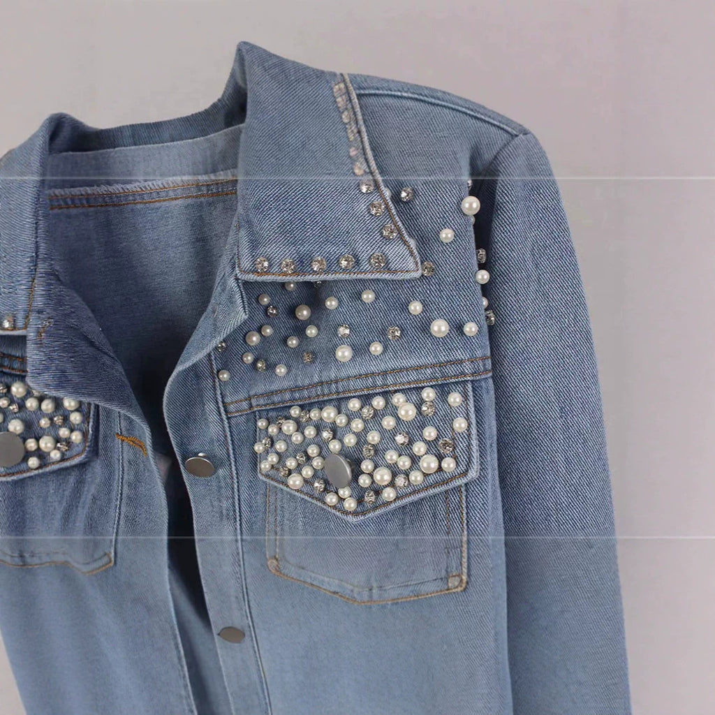 Fashion nail bead short denim jacket women's pearl diamond plus size jacket top