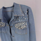 Fashion nail bead short denim jacket women's pearl diamond plus size jacket top