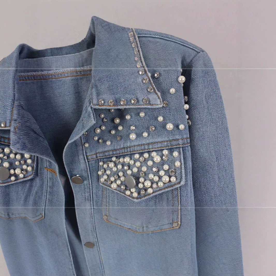 Fashion nail bead short denim jacket women's pearl diamond plus size jacket top