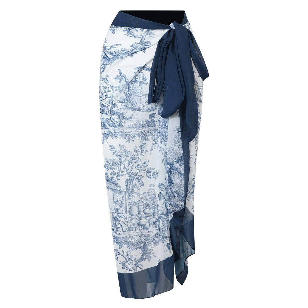 Blue and White Elegant Printed Swimsuit With Micro Monokini Wrap