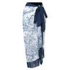Blue and White Elegant Printed Swimsuit With Micro Monokini Wrap