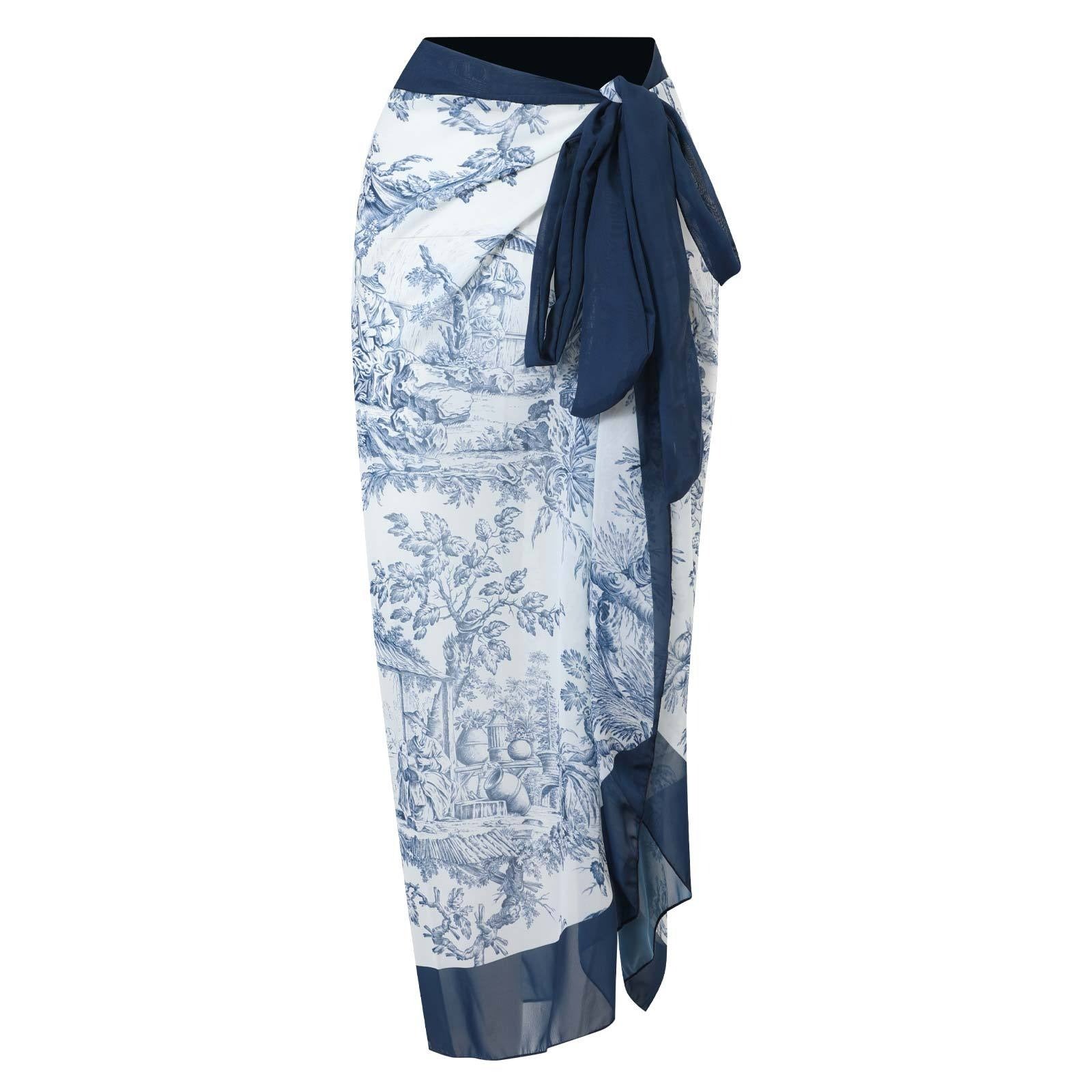 Blue and White Elegant Printed Swimsuit With Micro Monokini Wrap