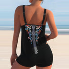 Plus Size Women's Boy Short Brocade Printed Swimwear