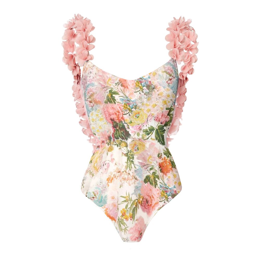 Petal Trim Backless Fashion One Piece Swimsuit Handmade One Shoulder Sexy Swimwear  Set Women's Beachwear