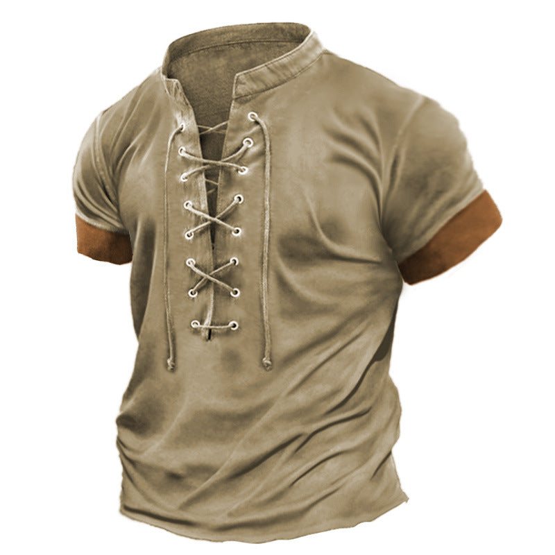 Retro V-Neck Tied Casual Short Sleeve T-Shirt for Men Plus Size Summer and Spring