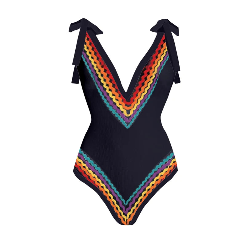 Black Boho One Piece Swimsuit Colorful Line Decoration Design Swimwear Deep-V Neck Tie