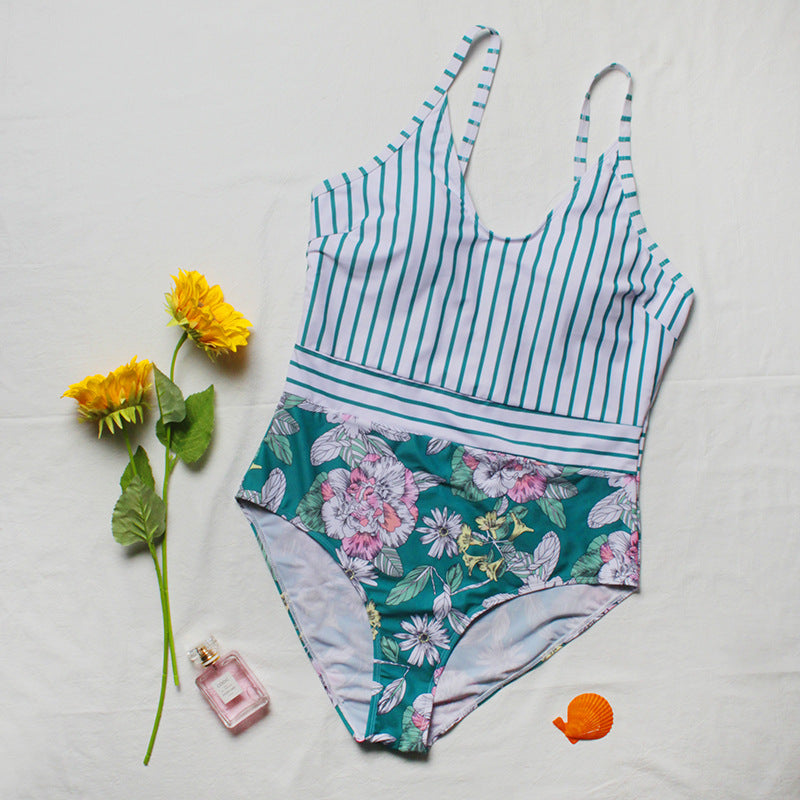 Plus Size Bikini Print Striped Swimwear