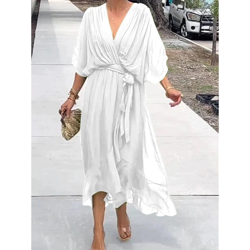Plus Size Solid Color Tie-Waist Long Dress with Batwing Sleeves and Asymmetrical Hem