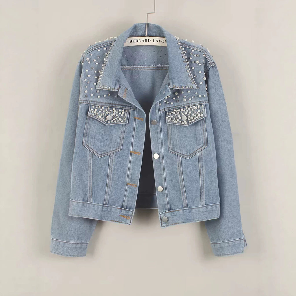 Fashion nail bead short denim jacket women's pearl diamond plus size jacket top