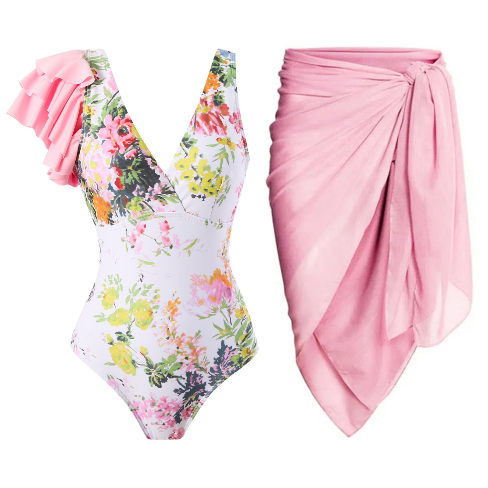 Pink Sexy One Piece Swimsuit Skirt Summer Women Backless Print Swimwear Beachwear Dress Cover Up Monokini Bath Suit