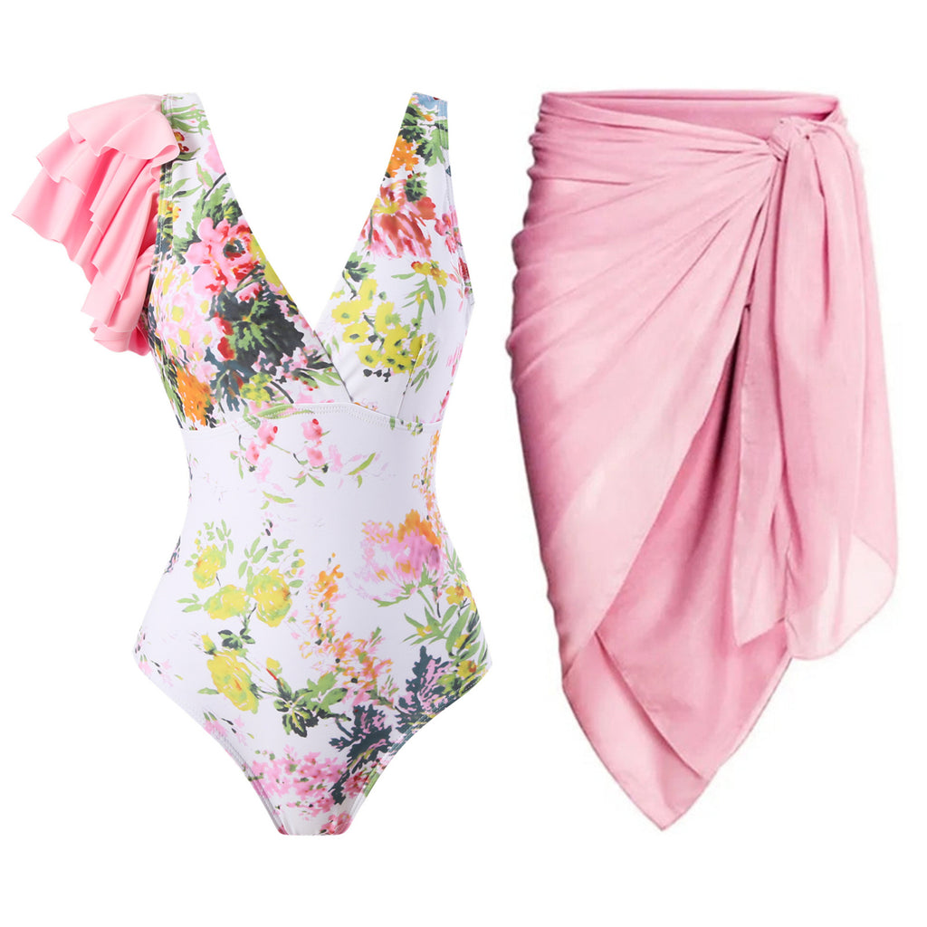 Pink Sexy One Piece Swimsuit Skirt Summer Women Backless Print Swimwear Beachwear Dress Cover Up Monokini Bath Suit