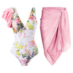 Pink Sexy One Piece Swimsuit Skirt Summer Women Backless Print Swimwear Beachwear Dress Cover Up Monokini Bath Suit