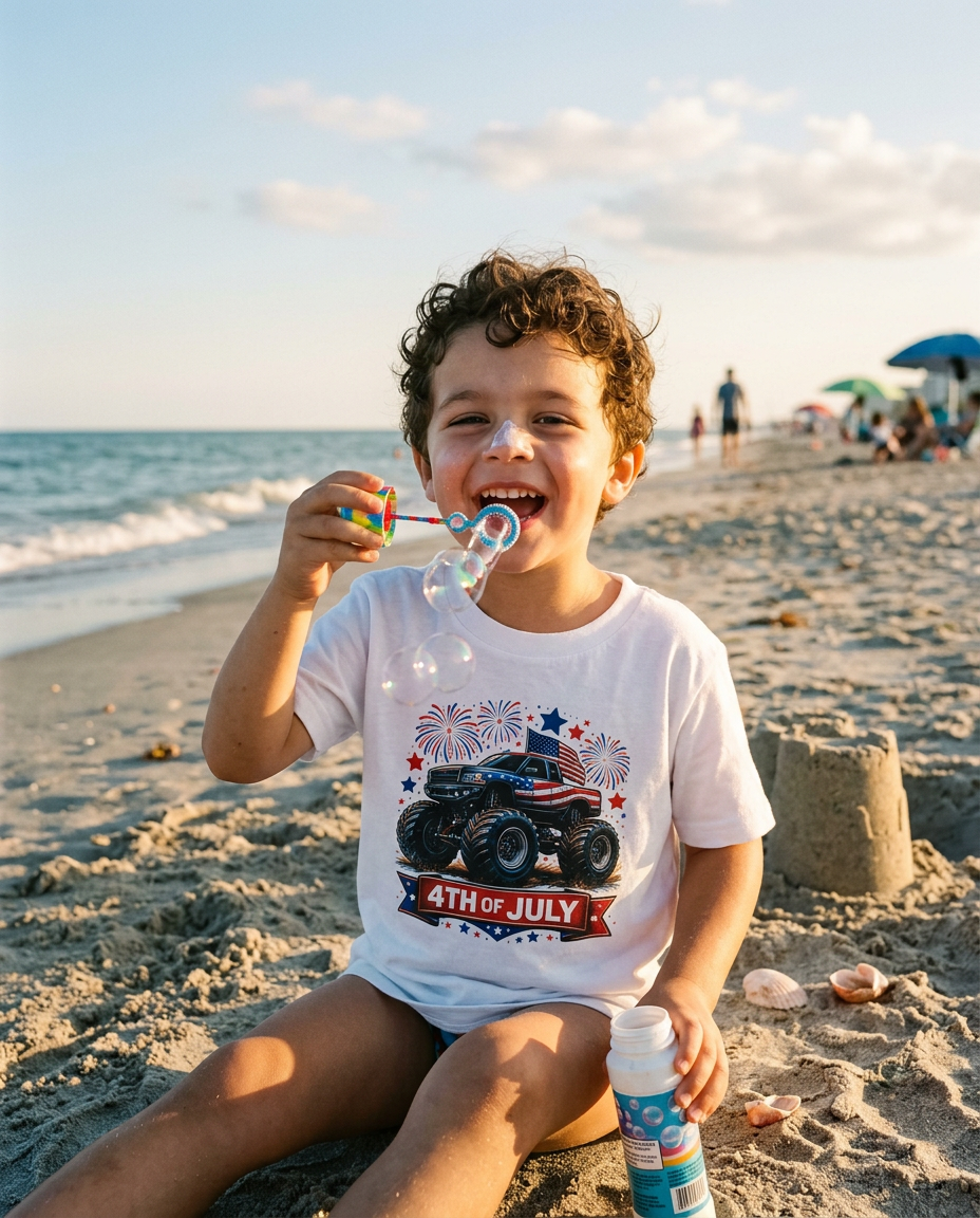 4th of July Monster Truck Toddler Tee — Patriotic Fireworks Kids Shirt