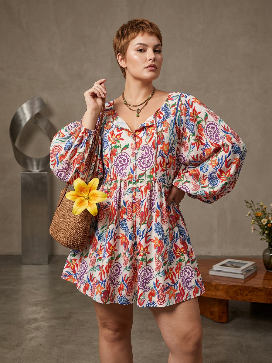 Plus Size Boho Floral Print Button-Down Romper