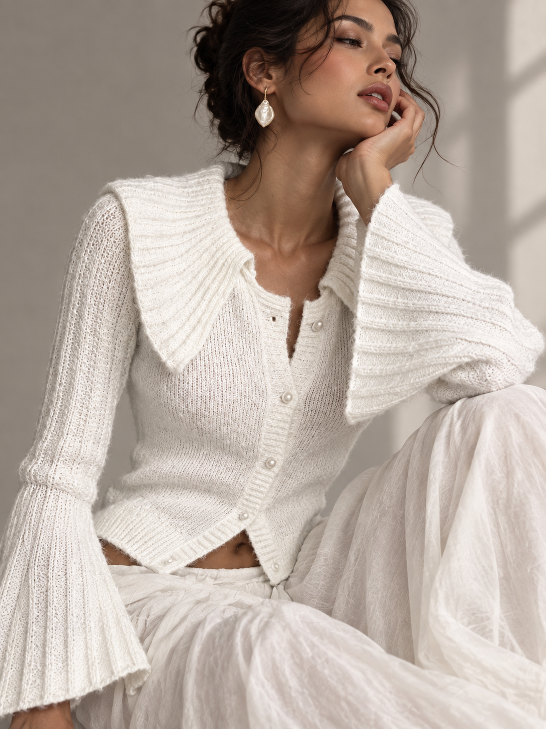 Button Up Flare Sleeve Cardigan