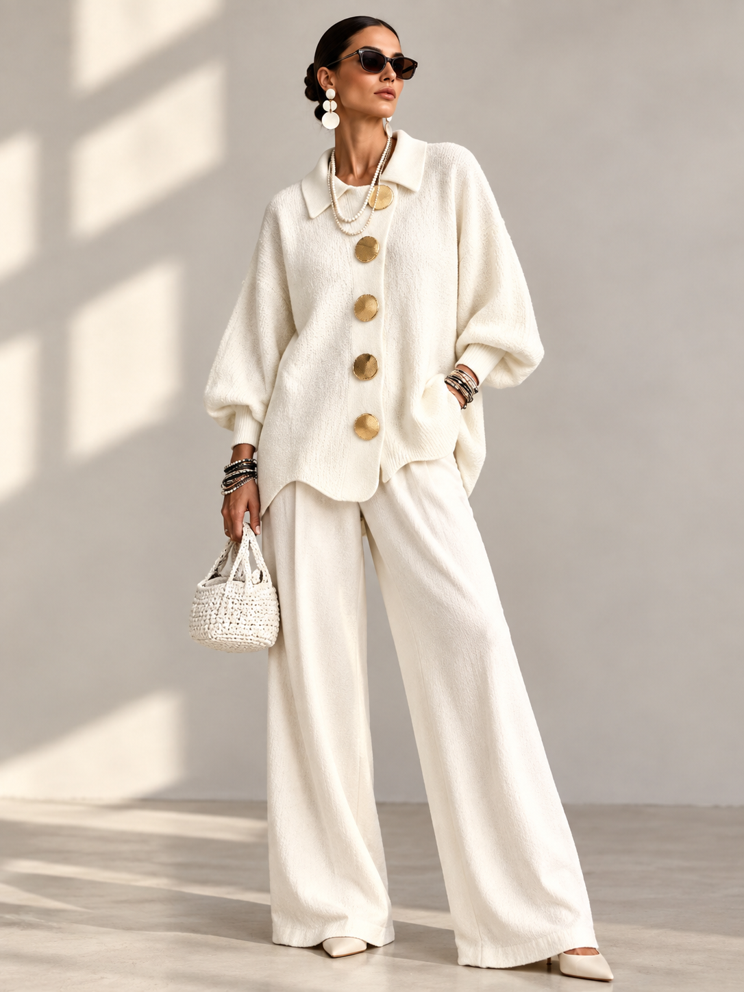 Gold Button Lantern Sleeve Cardigan Regular & Plus Size
