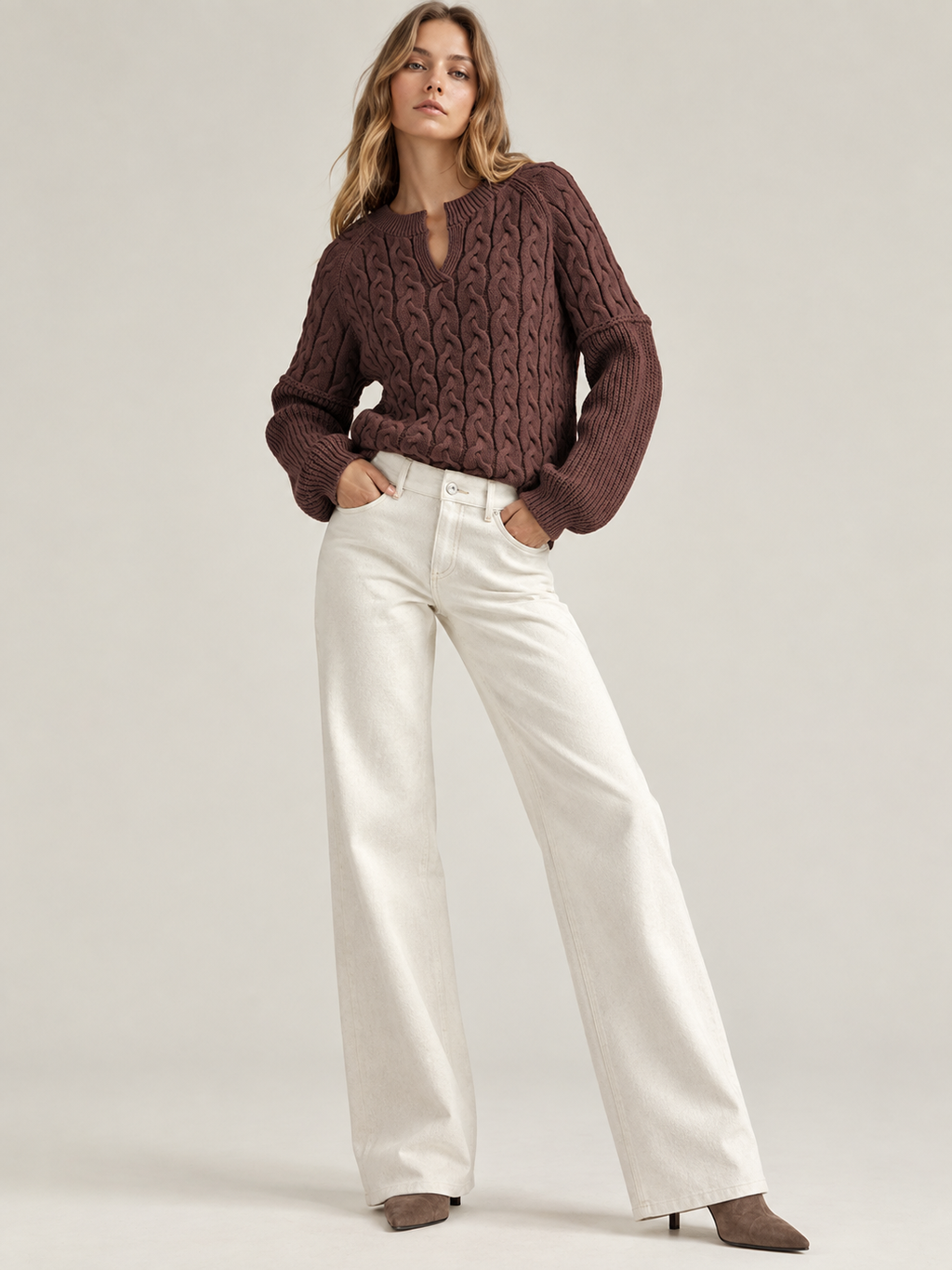 Cable-Knit Dropped Shoulder Sweater