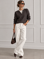 Decor Button-Placket Ribbed Knit Sweater