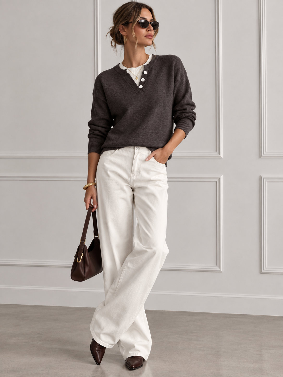 Decor Button-Placket Ribbed Knit Sweater