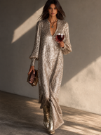 Sequin Notched Lantern Sleeve Maxi Dress
