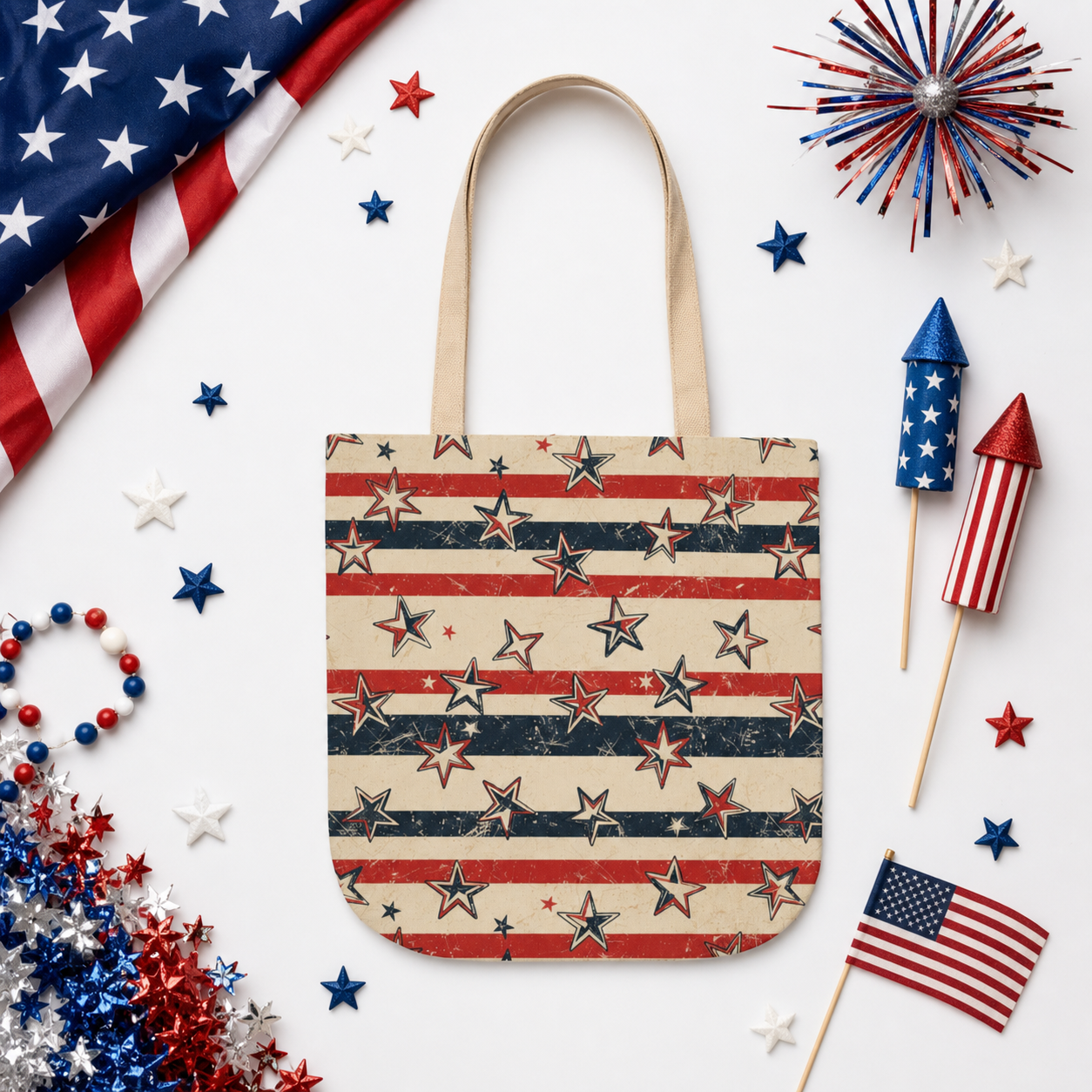 American Flag Canvas Tote Bag — Vintage Stars & Stripes Grocery Market Tote