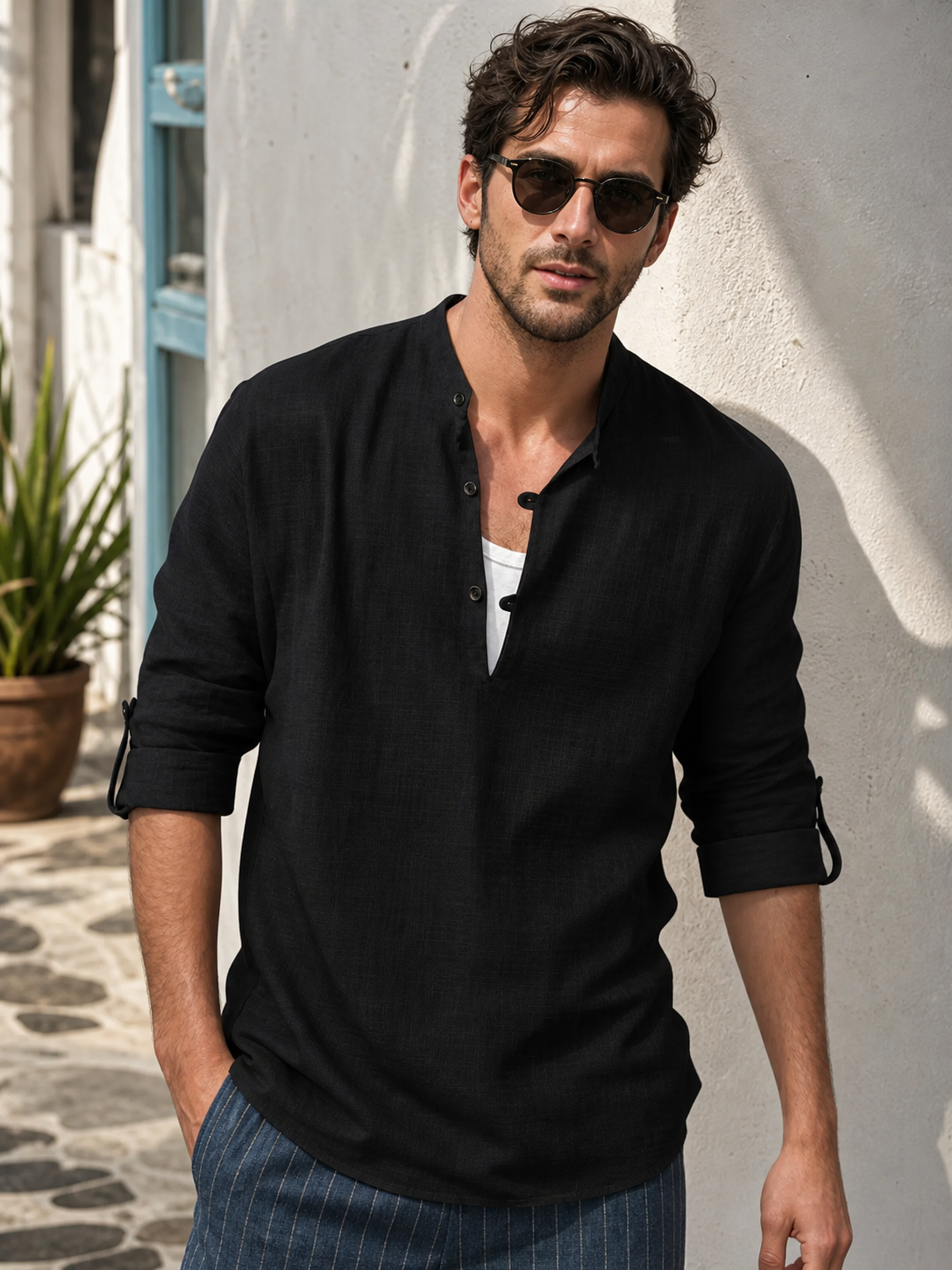 Mens Button Detail Roll-Tab Sleeve Top