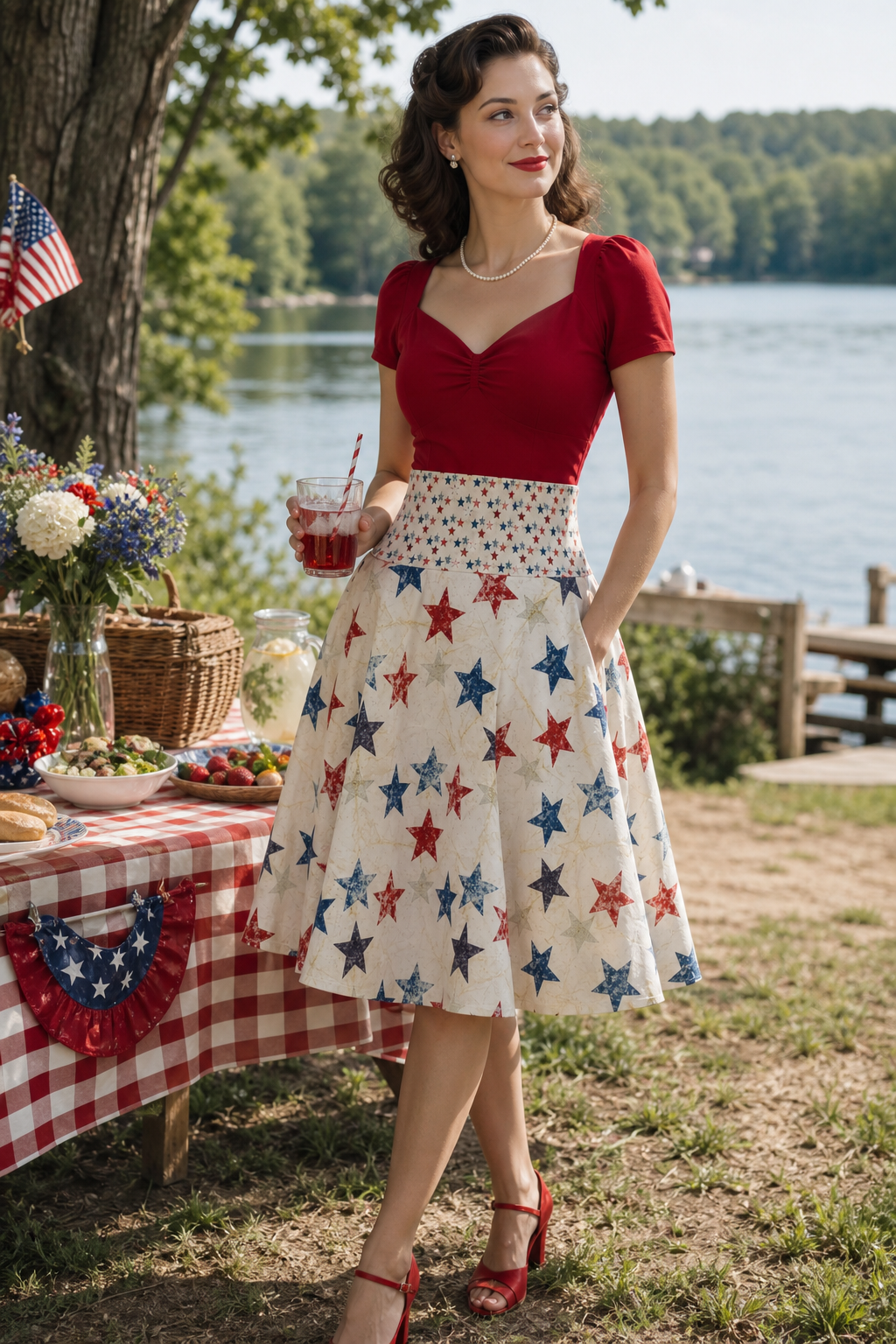 Patriotic Red White Blue Star Skater Skirt — 4th of July Vintage Flag Print