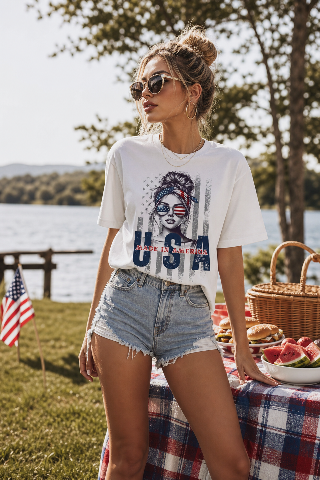 USA Flag Sunglasses T-Shirt — "Made in America" Patriotic Tee