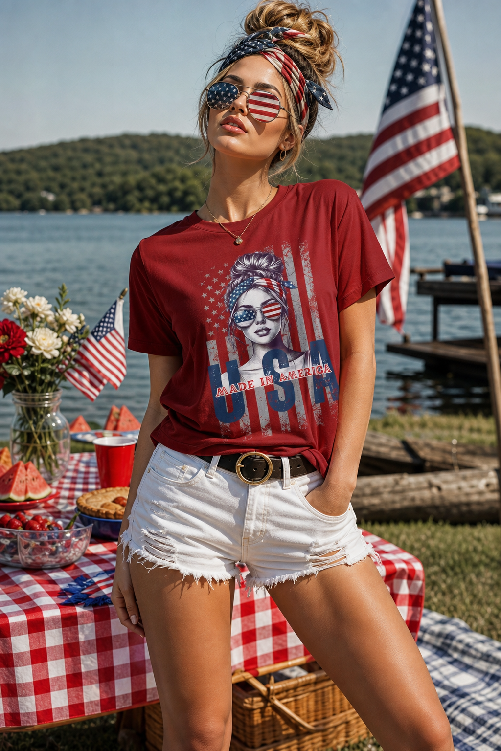 USA Flag Sunglasses T-Shirt — "Made in America" Patriotic Tee