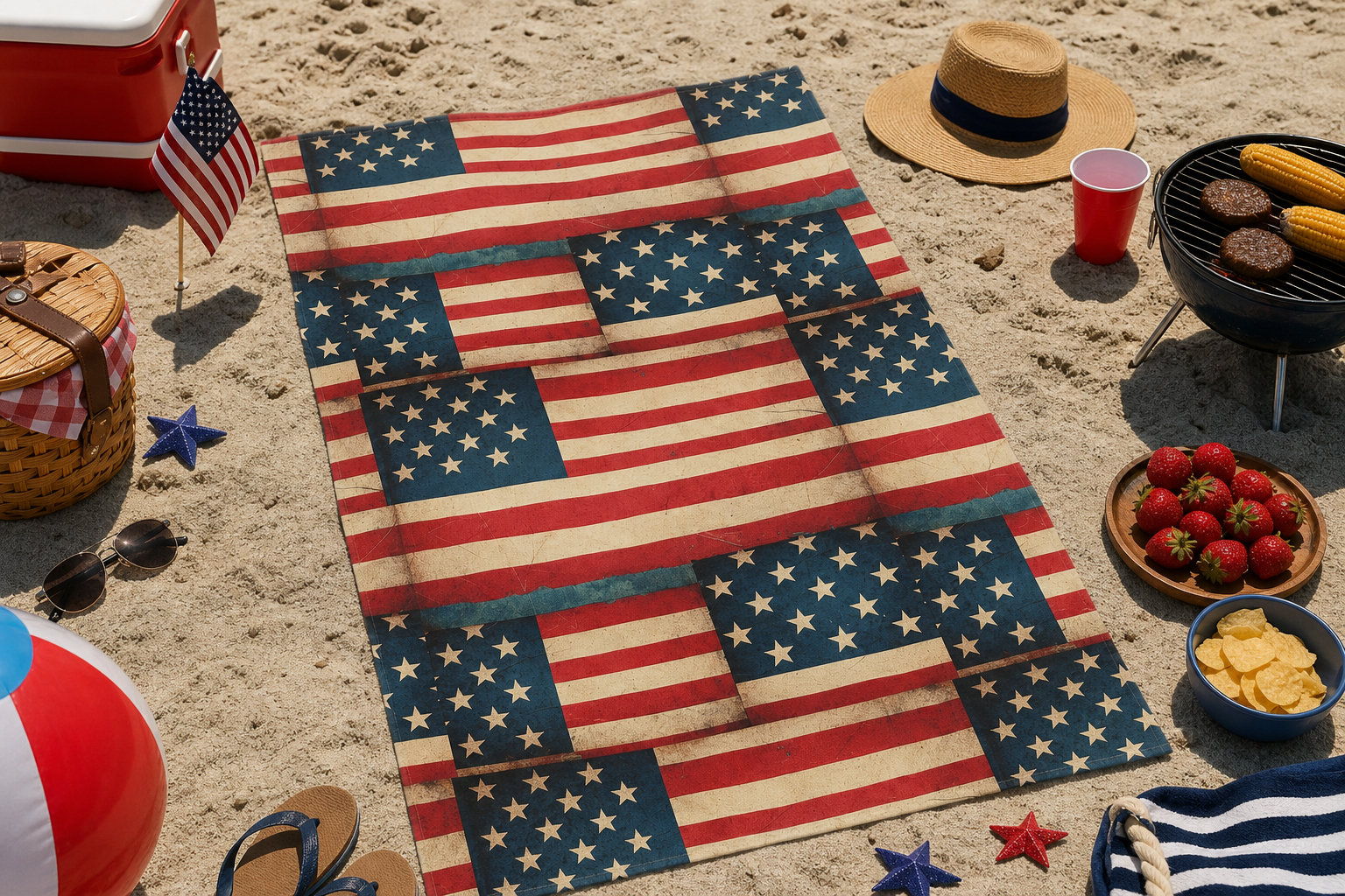 American Patchwork Flag Beach Towel — Vintage USA Stars & Stripes Patriotic Pool Towel