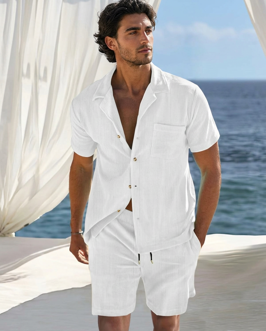 Men's Regular & Plus Size Button Detail Short Sleeve Top and Shorts Set