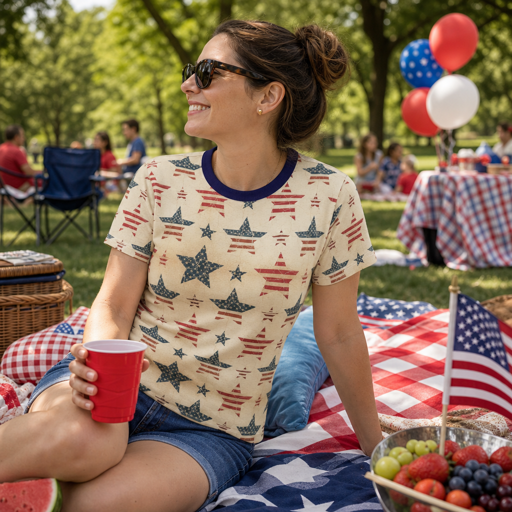 Vintage American Stars Women's Tee — All-Over Patriotic Print
