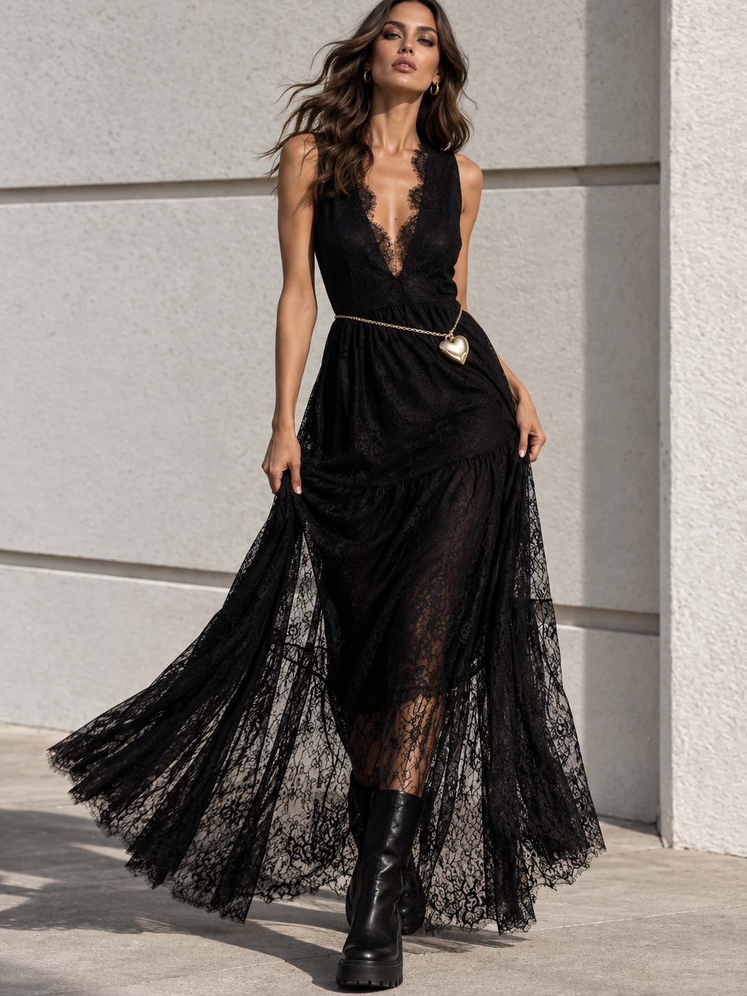 Lace V-Neck Sleeveless Maxi Dress