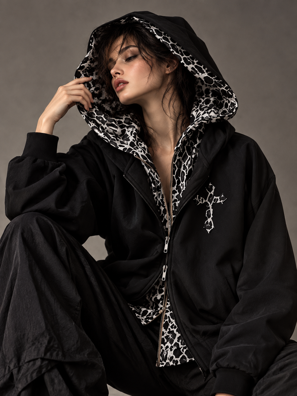Gothic Cross Leopard Lined Zip-Up Hoodie