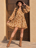 Plus Size Printed V-Neck Balloon Sleeve Mini Dress