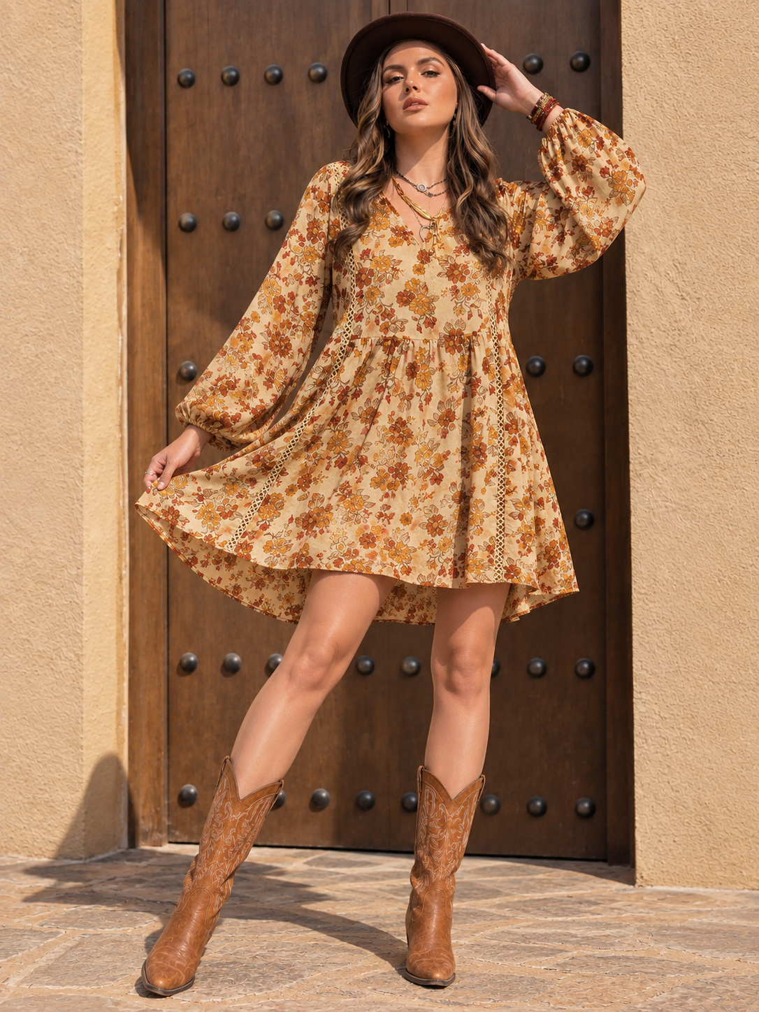 Plus Size Printed V-Neck Balloon Sleeve Mini Dress