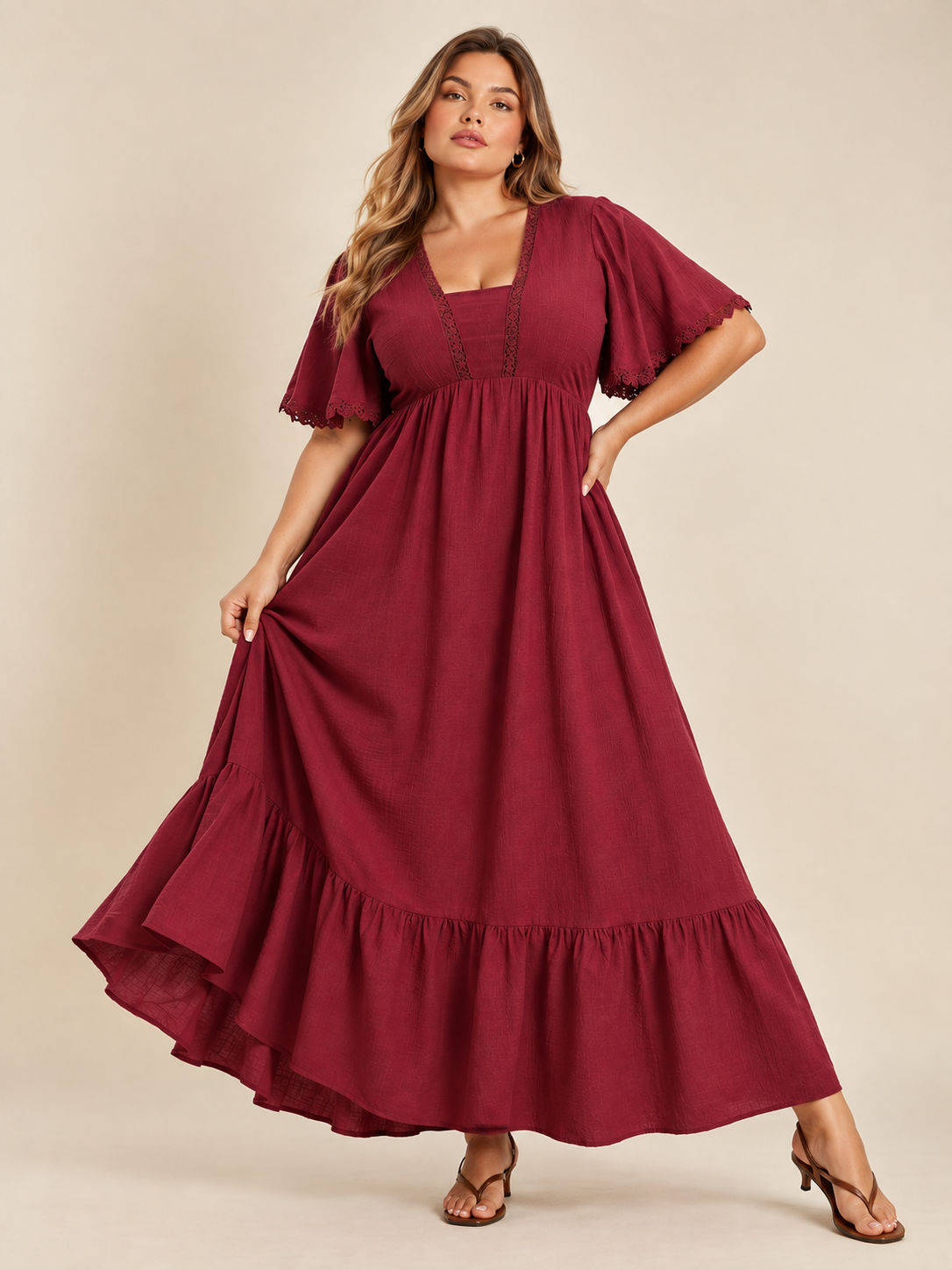 Plus Size Lace Detail Flutter Sleeve Maxi Dress