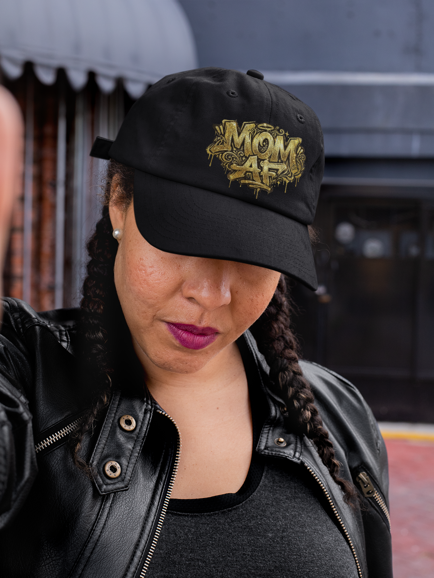 Mom AF Snapback Hat — Gold Graffiti Embroidered Cap for Cool Moms