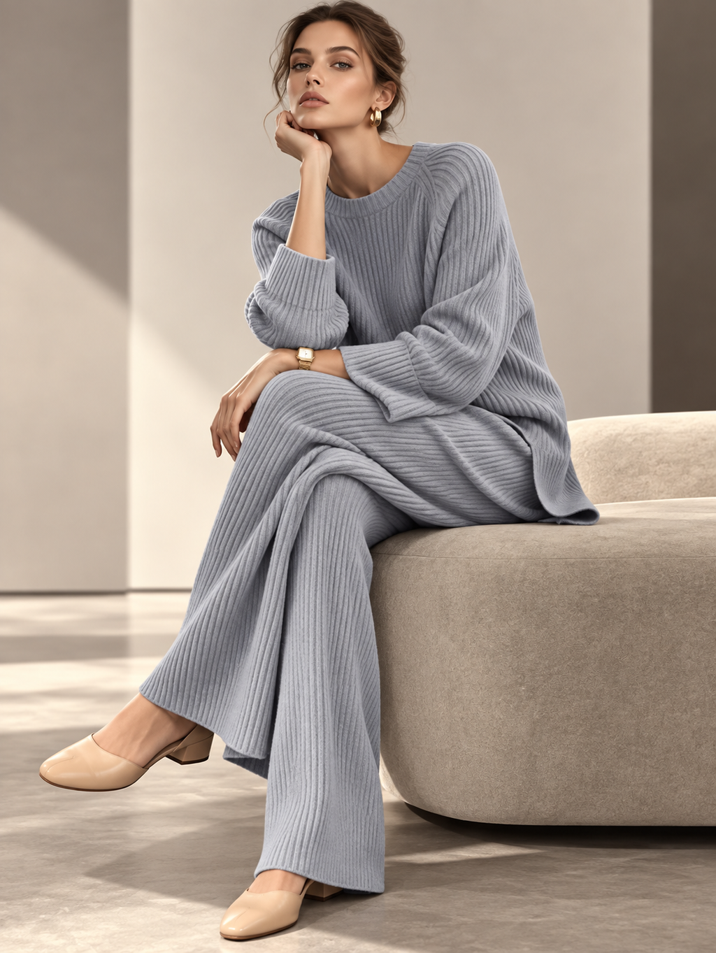 Ribbed Knit Relaxed Fit Top and Pants Sweater Set