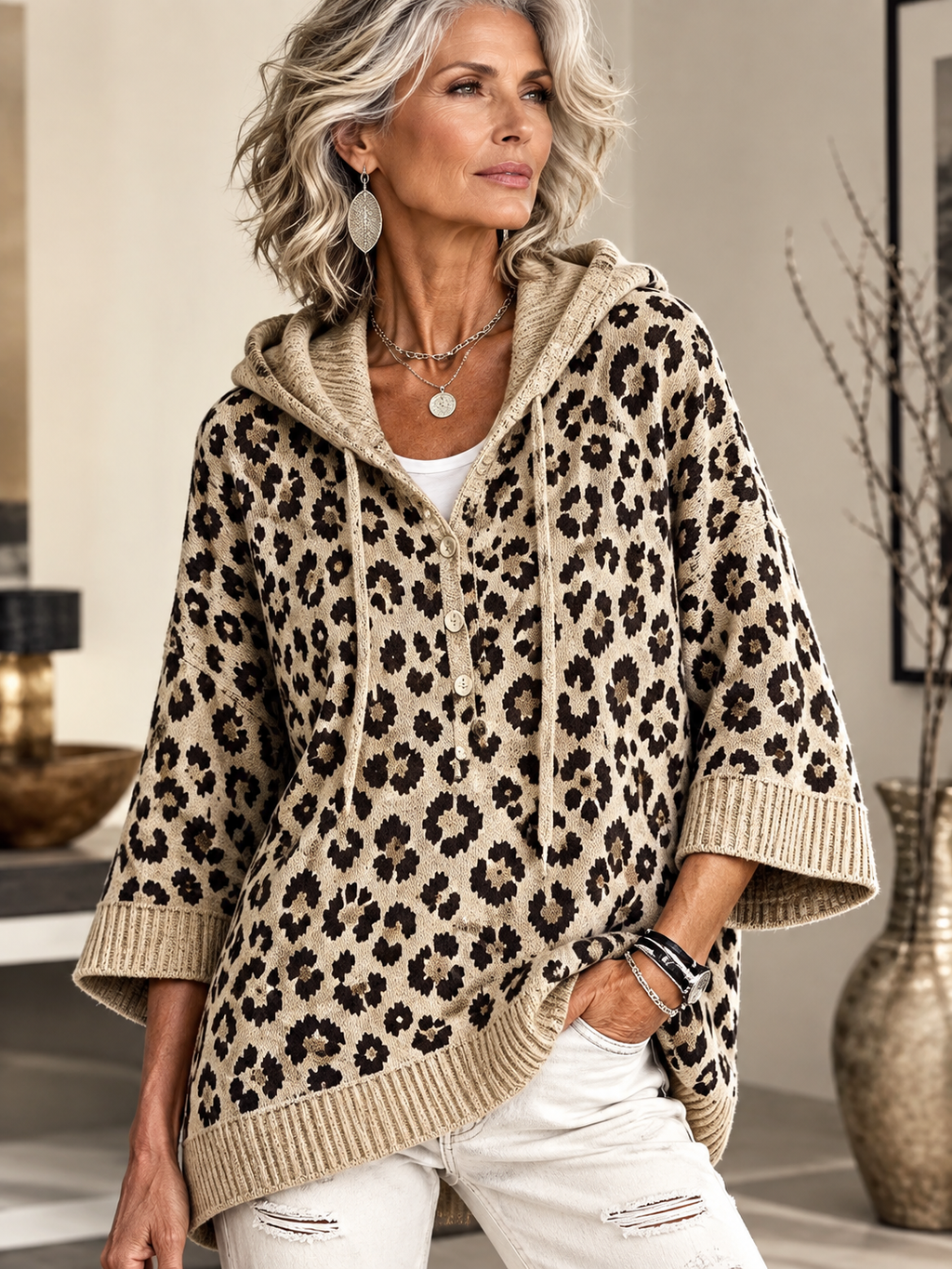 Drawstring Leopard Hooded Sweater