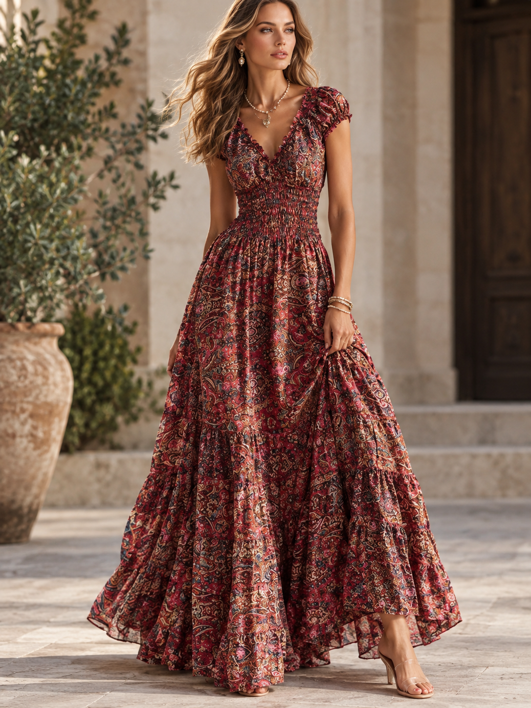 Smocked Printed V-Neck Short Sleeve Dress