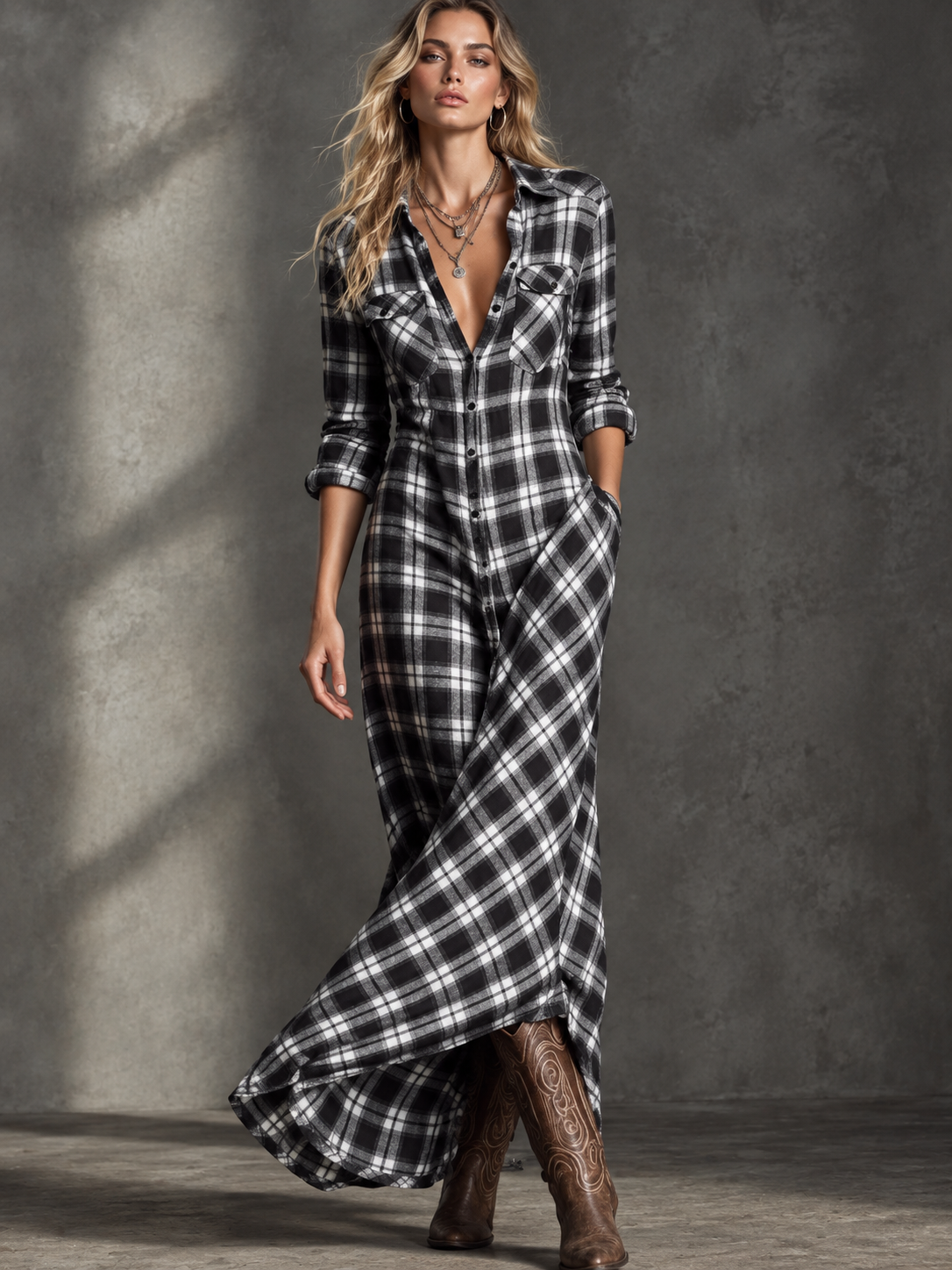 Regular & Plus Size Plaid Button-Down Maxi Dress