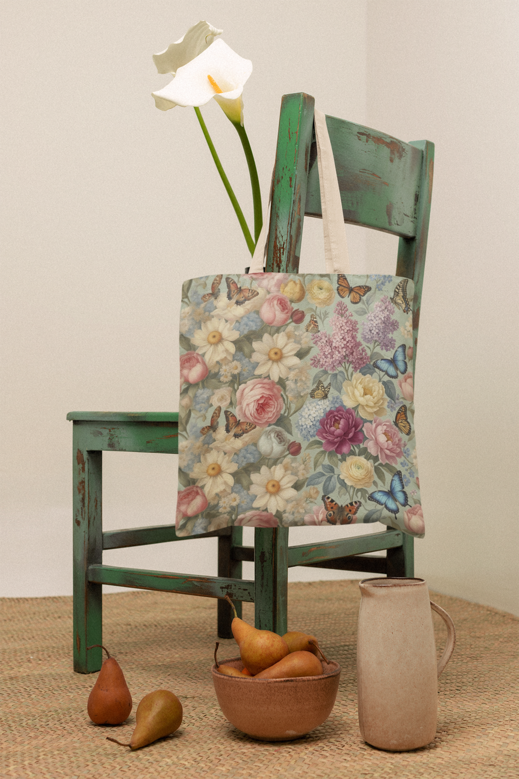Original Art Vintage Floral Canvas Tote Bag — Butterflies & Roses Print