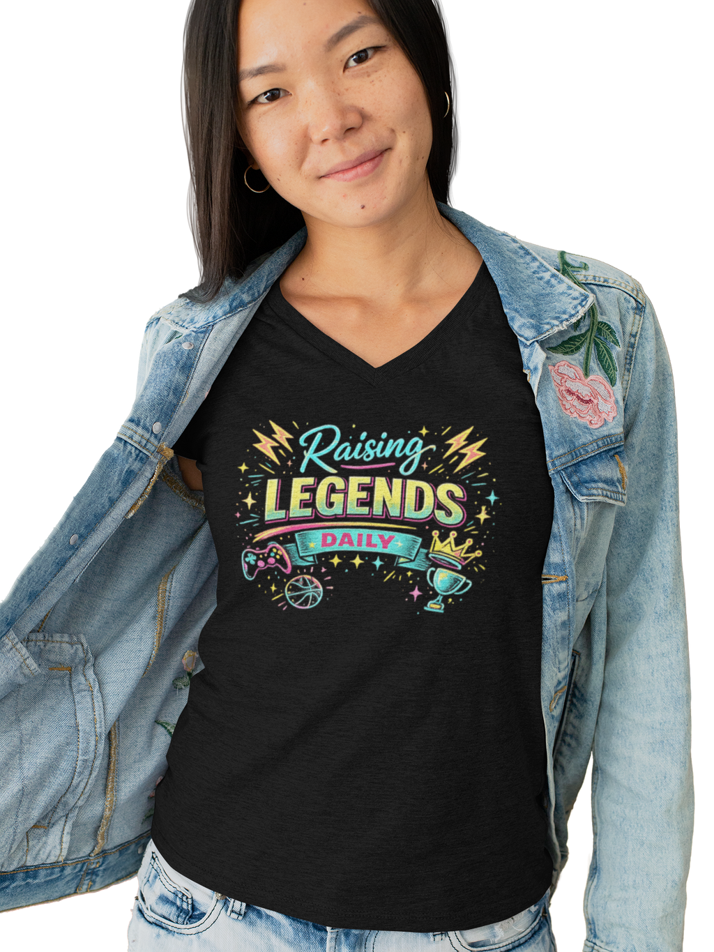 Ladies' V-Neck T-Shirt — “Raising Legends Daily” Mom Graphic Tee