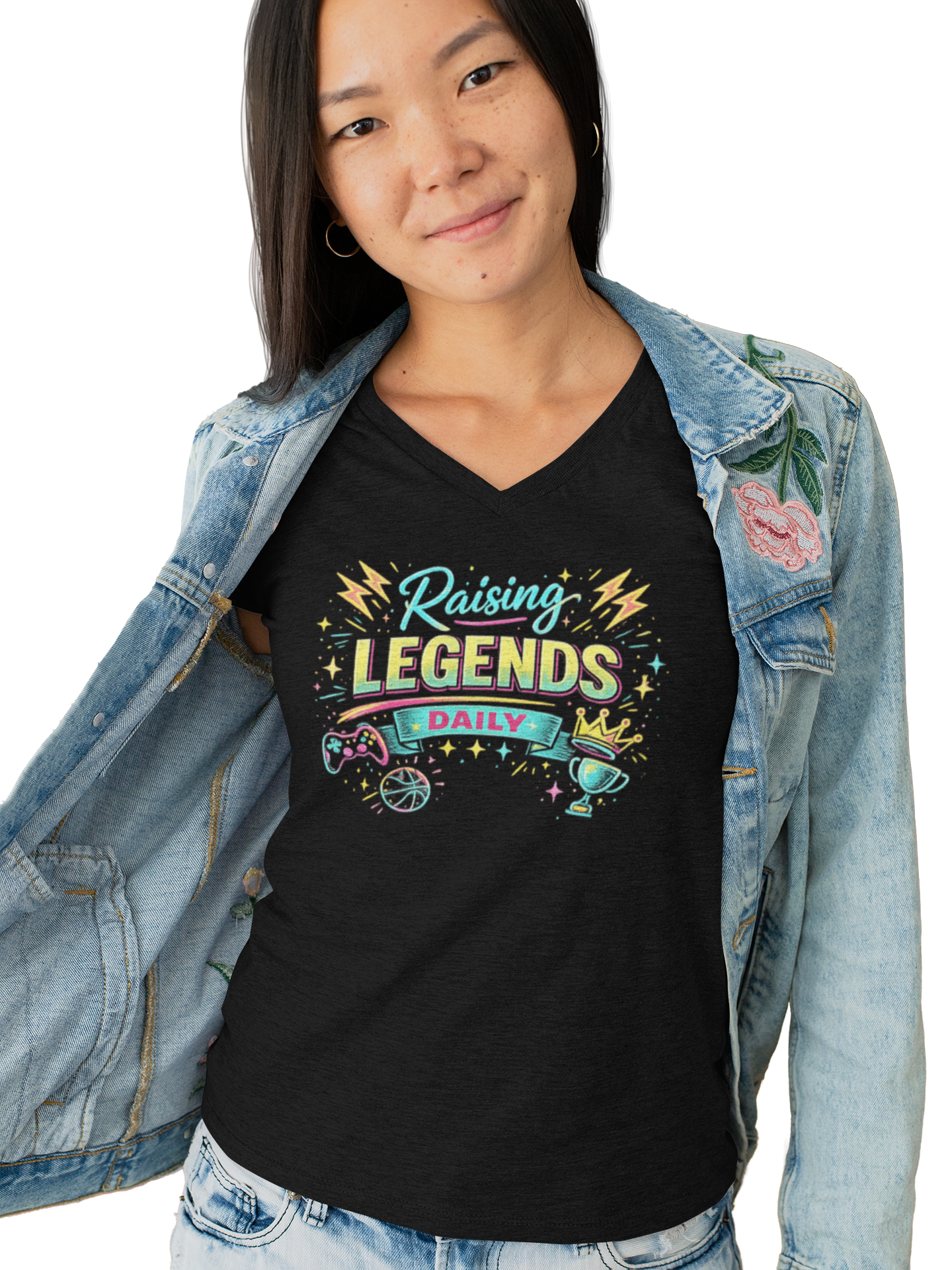 Ladies' V-Neck T-Shirt — “Raising Legends Daily” Mom Graphic Tee